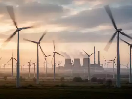 Windpark bei Sonnenaufgang mit einem Kohlekraftwerk in der Ferne, das den Übergang von Kohle zu erneuerbaren Energien darstellt. - Foto: über boerse-global.de