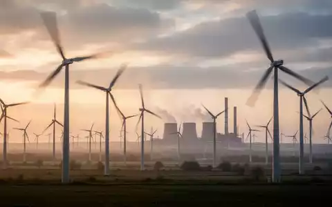 Windpark bei Sonnenaufgang mit einem Kohlekraftwerk in der Ferne, das den Übergang von Kohle zu erneuerbaren Energien darstellt. - Foto: über boerse-global.de