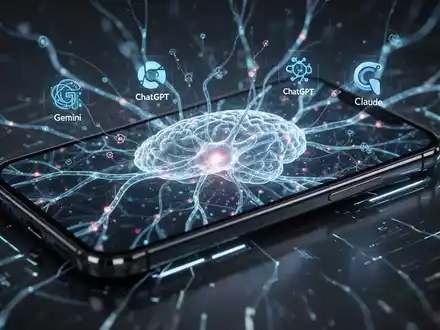 A smartphone screen showing a glowing, multi-colored neural network interface with icons for various AI models. - Foto: über boerse-global.de