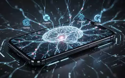 A smartphone screen showing a glowing, multi-colored neural network interface with icons for various AI models. - Foto: über boerse-global.de