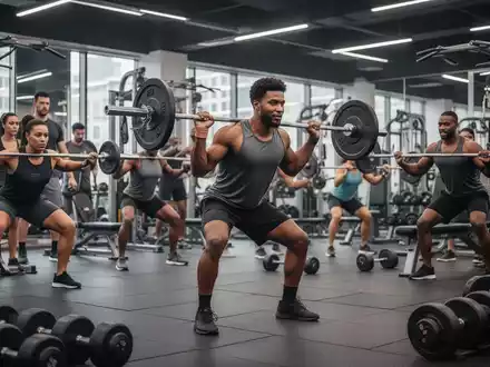 Eine Gruppe von Personen trainiert in einem modernen Fitnessstudio an verschiedenen Geräten und mit freien Gewichten. - Foto: über boerse-global.de