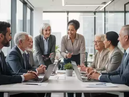 Eine Gruppe von Fachleuten verschiedener Generationen arbeitet in einem modernen BĂĽro zusammen, unterstreicht Teamwork und Austausch. - Foto: ĂĽber boerse-global.de