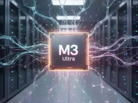 A stylized, glowing M3 Ultra chip surrounded by abstract data streams and blurred server racks, symbolizing AI demand and hardware scarcity. - Foto: über boerse-global.de