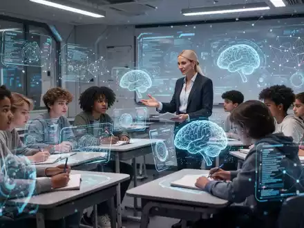 Students in a modern classroom interact with AI-powered holographic displays, representing advanced educational technology. - Foto: über boerse-global.de