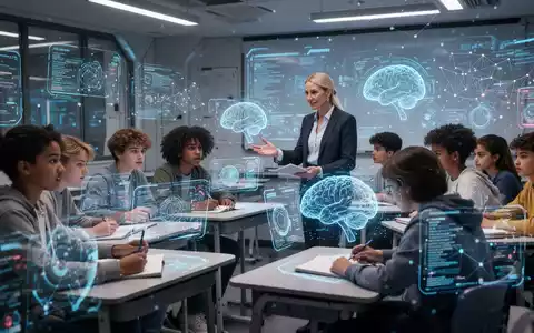 Students in a modern classroom interact with AI-powered holographic displays, representing advanced educational technology. - Foto: über boerse-global.de