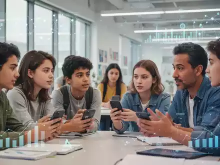 Junge Menschen mit Smartphones im Gespräch mit einem Erwachsenen, symbolisiert digitale Bildung und Interaktion. - Foto: über boerse-global.de