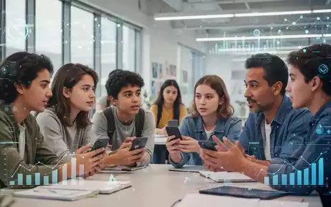 Junge Menschen mit Smartphones im Gespräch mit einem Erwachsenen, symbolisiert digitale Bildung und Interaktion. - Foto: über boerse-global.de