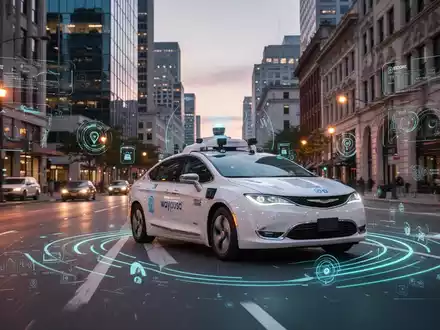 A Waymo robotaxi with illuminated sensors driving on a city street at dusk, reflecting urban lights. - Foto: über boerse-global.de