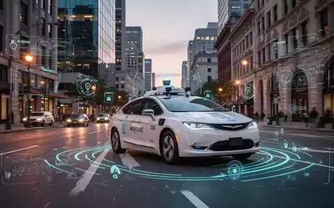 A Waymo robotaxi with illuminated sensors driving on a city street at dusk, reflecting urban lights. - Foto: über boerse-global.de