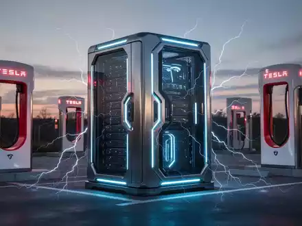 A futuristic, modular data center unit, sleek and metallic with glowing blue accents, positioned amidst Tesla Supercharger stations at dusk. - Foto: über boerse-global.de