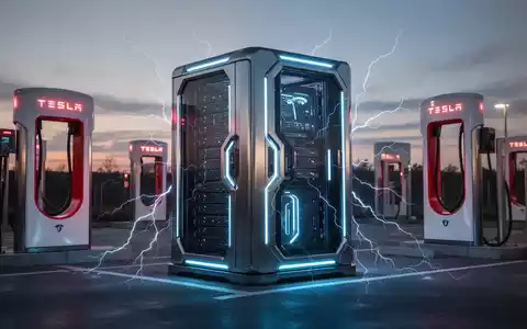 A futuristic, modular data center unit, sleek and metallic with glowing blue accents, positioned amidst Tesla Supercharger stations at dusk. - Foto: über boerse-global.de