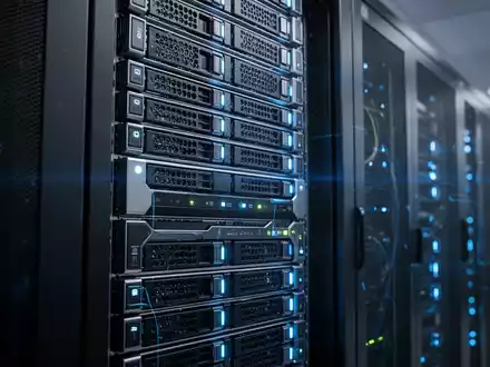 A close-up shot of a modern server rack with blue indicator lights, symbolizing advanced AI technology and data infrastructure. - Foto: über boerse-global.de