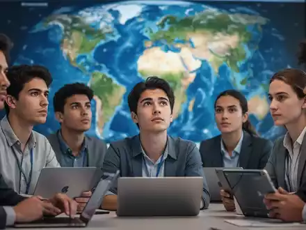 Eine Gruppe junger Fachkräfte blickt auf eine Weltkarte, die internationale Karrieremöglichkeiten symbolisiert. - Foto: über boerse-global.de