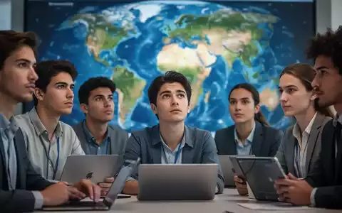 Eine Gruppe junger Fachkräfte blickt auf eine Weltkarte, die internationale Karrieremöglichkeiten symbolisiert. - Foto: über boerse-global.de