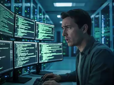 Ein frustrierter Entwickler vor Computerbildschirmen mit Fehlermeldungen in einem modernen Rechenzentrum. - Foto: über boerse-global.de