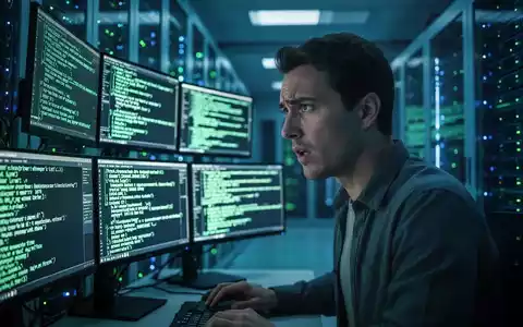 Ein frustrierter Entwickler vor Computerbildschirmen mit Fehlermeldungen in einem modernen Rechenzentrum. - Foto: über boerse-global.de