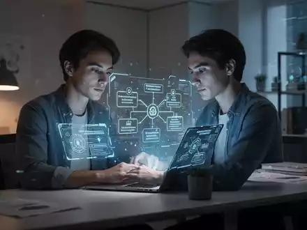 Ein Einzelunternehmer arbeitet konzentriert an einem Laptop, dessen Bildschirm holografische Diagramme zur Geschäftsprozessautomatisierung anzeigt. - Foto: über boerse-global.de