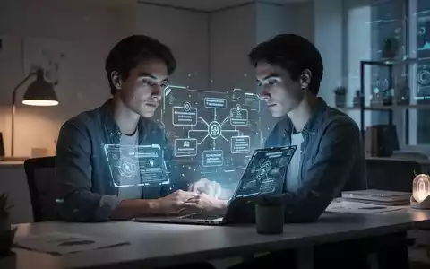 Ein Einzelunternehmer arbeitet konzentriert an einem Laptop, dessen Bildschirm holografische Diagramme zur Geschäftsprozessautomatisierung anzeigt. - Foto: über boerse-global.de