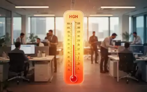Ein Thermometer zeigt hohe Temperaturen in einem modernen Büro, im Hintergrund verschwommene Personen, die arbeiten. - Foto: über boerse-global.de