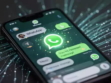 An iPhone screen showing a WhatsApp chat with animated message bubbles. Abstract digital elements are in the background. - Foto: über boerse-global.de