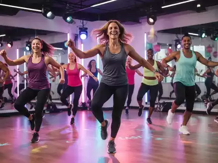 Eine Gruppe von Menschen tanzt energisch in einem modernen Fitnessstudio, das von hellem Licht durchflutet wird. - Foto: über boerse-global.de