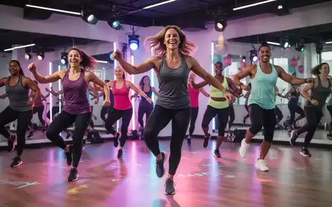 Eine Gruppe von Menschen tanzt energisch in einem modernen Fitnessstudio, das von hellem Licht durchflutet wird. - Foto: über boerse-global.de