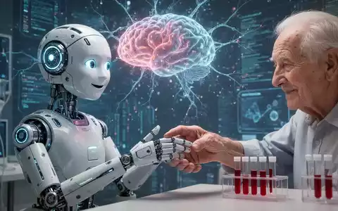 Ein futuristischer KI-Roboter interagiert mit der Hand einer älteren Person, umgeben von Gehirnsynapsen und Datenströmen. - Foto: über boerse-global.de