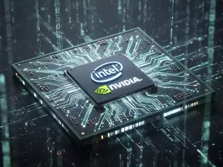 Close-up of a high-tech computer processor with glowing blue and green circuitry, symbolizing Intel and NVIDIA collaboration. - Foto: über boerse-global.de