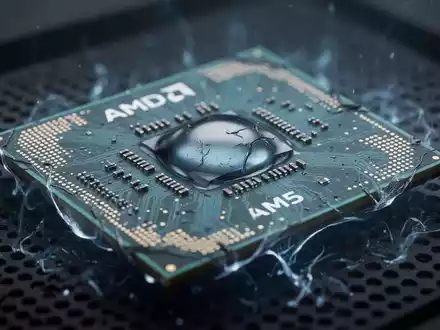 Close-up of a damaged AMD AM5 CPU with a visible bulge on its underside, resting on an anti-static mat. - Foto: über boerse-global.de