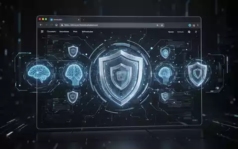 A stylized web browser interface with AI symbols and security icons, representing technological advancement and data protection. - Foto: über boerse-global.de