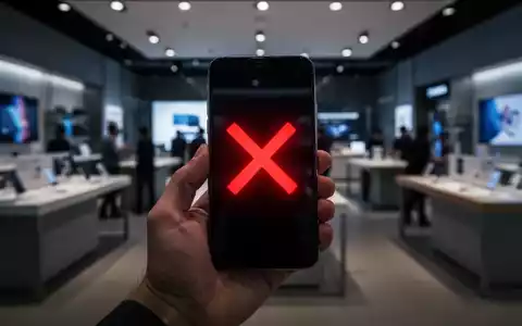 Eine Hand hĂ€lt ein Smartphone mit einem leuchtend roten 'X' auf dem Bildschirm, im Hintergrund verschwommen ein ElektronikgeschĂ€ft. - Foto: ĂŒber boerse-global.de