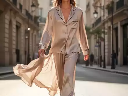 Eine stilvolle Person in einem eleganten, pyjamaähnlichen Outfit aus fließendem Stoff, die auf einer urbanen Straße geht. - Foto: über boerse-global.de