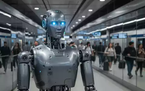 A sleek, advanced humanoid robot with glowing blue eyes patrols a modern, bustling transit hub, symbolizing AI security. - Foto: über boerse-global.de