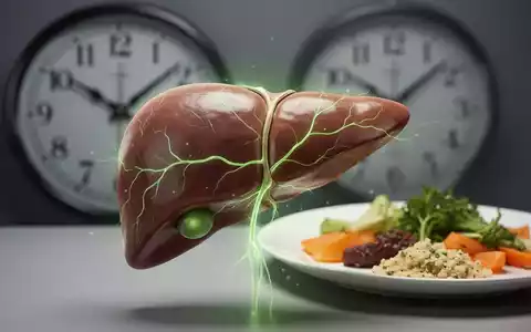 Eine stilisierte, gesunde Leber mit leuchtenden Linien, daneben eine Uhr und eine Mahlzeit, die Intervallfasten symbolisieren. - Foto: über boerse-global.de