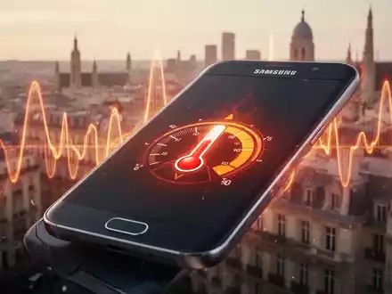 A Samsung smartphone screen showing a heat warning, with a blurry background of a city under a heatwave. - Foto: über boerse-global.de