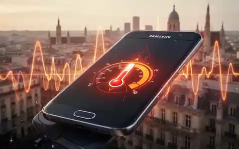 A Samsung smartphone screen showing a heat warning, with a blurry background of a city under a heatwave. - Foto: über boerse-global.de