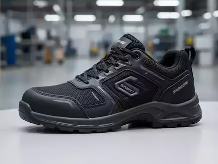 Ein moderner, sportlich designter Sicherheitsschuh in Schwarz mit subtilen Markenmerkmalen, auf einer sauberen Oberfläche. - Foto: über boerse-global.de