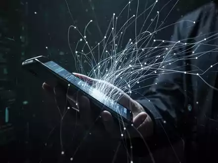 Eine Hand hält ein Smartphone, von dessen Bildschirm leuchtende Datenlinien ausgehen, die Überwachung und Datenfluss symbolisieren. - Foto: über boerse-global.de