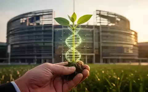 Eine Hand hält einen leuchtenden Pflanzenkeimling mit genetischen Strängen, im Hintergrund das Europäische Parlament. - Foto: über boerse-global.de