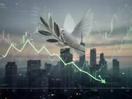Abstrakte Darstellung eines Rentenmarktdiagramms mit fallendem Trend, symbolisiert durch einen Olivenzweig, vor unscharfem Stadtbild. - Foto: über boerse-global.de