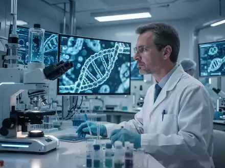 Eine Nahaufnahme von DNA-Strängen unter einem Mikroskop in einem Labor, mit einem Wissenschaftler im Hintergrund. - Foto: über boerse-global.de