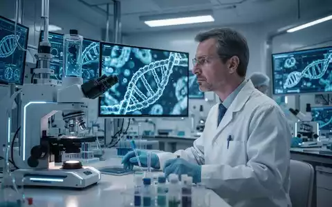 Eine Nahaufnahme von DNA-Strängen unter einem Mikroskop in einem Labor, mit einem Wissenschaftler im Hintergrund. - Foto: über boerse-global.de