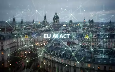 Abstrakte Darstellung von KI-Compliance und Regulierung mit leuchtenden Linien und Datenströmen über einer europäischen Stadtlandschaft. - Foto: über boerse-global.de