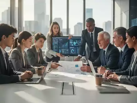 Eine Gruppe von Geschäftsleuten unterschiedlichen Alters, die an einem Konferenztisch zusammenarbeiten, symbolisiert den Generationswechsel in Familienunternehmen. - Foto: über boerse-global.de