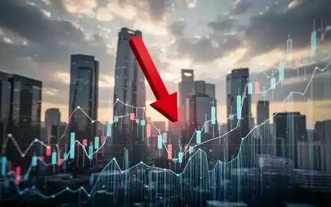 Ein roter Pfeil zeigt auf einem abstrakten Börsendiagramm nach unten, mit einer unscharfen Skyline im Hintergrund, die einen Kursrückgang symbolisiert. - Foto: über boerse-global.de