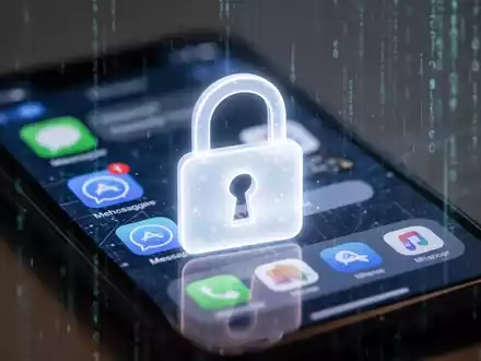 Ein stilisiertes, leuchtendes digitales Vorhängeschloss-Symbol über einem verschwommenen Smartphone-Bildschirm mit verschlüsselten Nachrichten-Apps. - Foto: über boerse-global.de