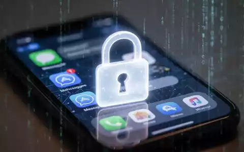 Ein stilisiertes, leuchtendes digitales Vorhängeschloss-Symbol über einem verschwommenen Smartphone-Bildschirm mit verschlüsselten Nachrichten-Apps. - Foto: über boerse-global.de