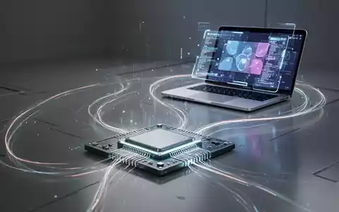 A glowing, futuristic microchip connected by light trails to a holographic image of a MacBook with a touchscreen interface. - Foto: über boerse-global.de