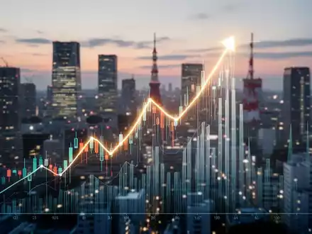 Ein stilisierter, aufwärts gerichteter Börsenchart mit leuchtendem Gipfel über einer unscharfen Tokioter Skyline bei Dämmerung. - Foto: über boerse-global.de