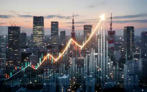 Ein stilisierter, aufwärts gerichteter Börsenchart mit leuchtendem Gipfel über einer unscharfen Tokioter Skyline bei Dämmerung. - Foto: über boerse-global.de